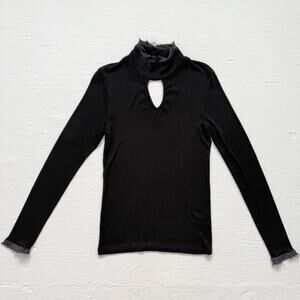 Calvin Rucker Black Ribbed Cutout Long Sleeve Top Raw Trim, Size XS